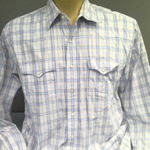 Classic Western Pearl Snap Shirt Long Sleeve Blue Plaid Men's XL
